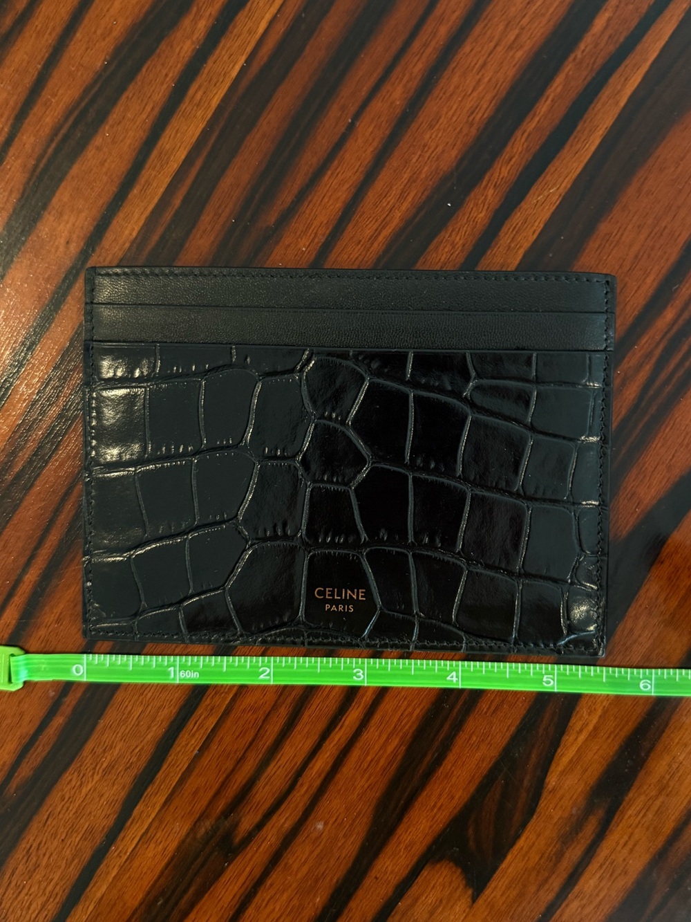 Celine Black Croc-Embossed Leather Slim Card Case with Gold Logo - Picture 2 of 4